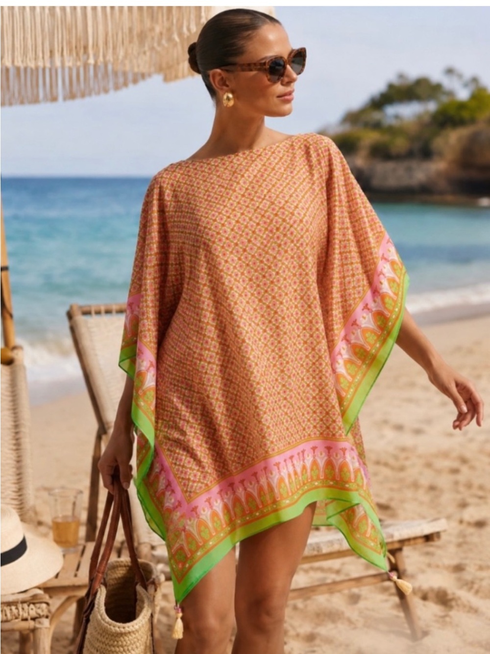 Tory Burch Pink and Green Printed Beach Tunic